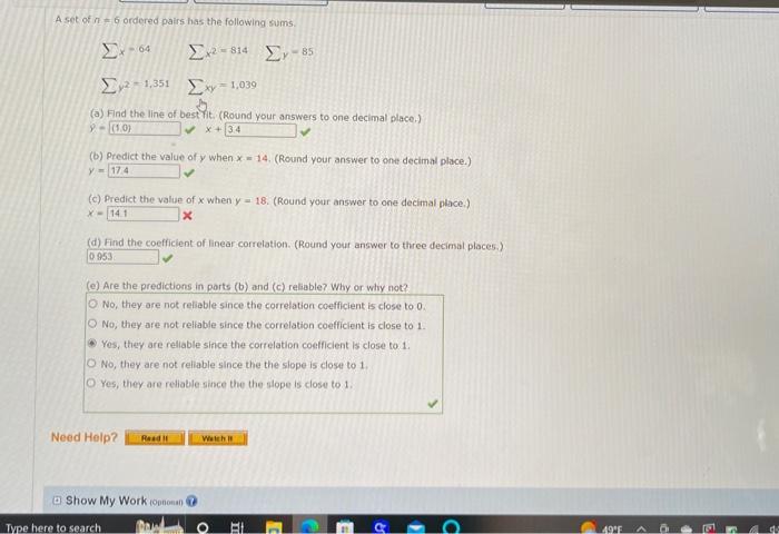 Solved A set of n=6 ordered pairs has the following sums. | Chegg.com