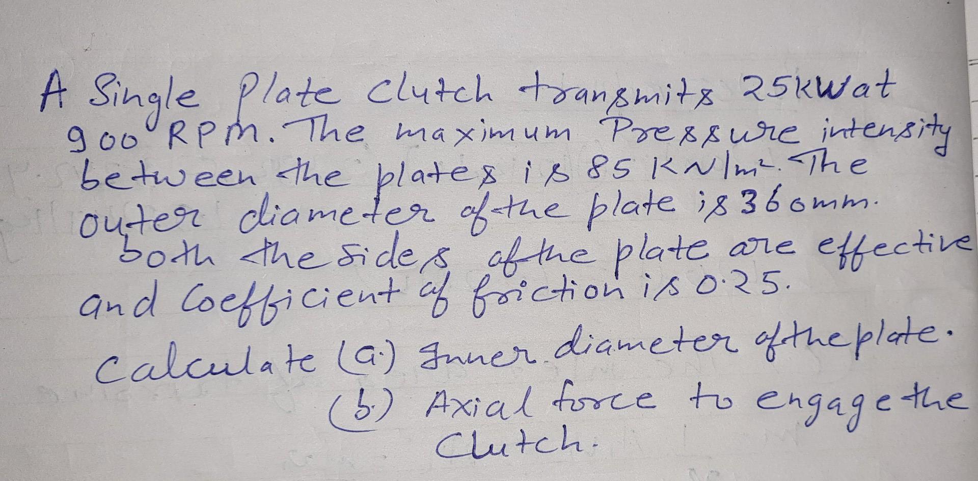 Solved А A Single Plate clutch transmits 25kwat 900 RPM. | Chegg.com
