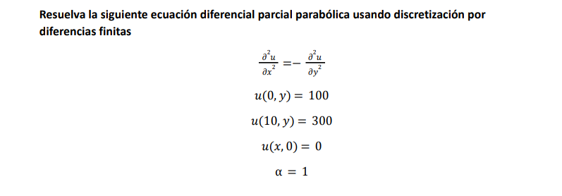 Resuelva la siguiente ecuación diferencial parcial parabólica usando discretización por diferencias finitas \[ \begin{array}{