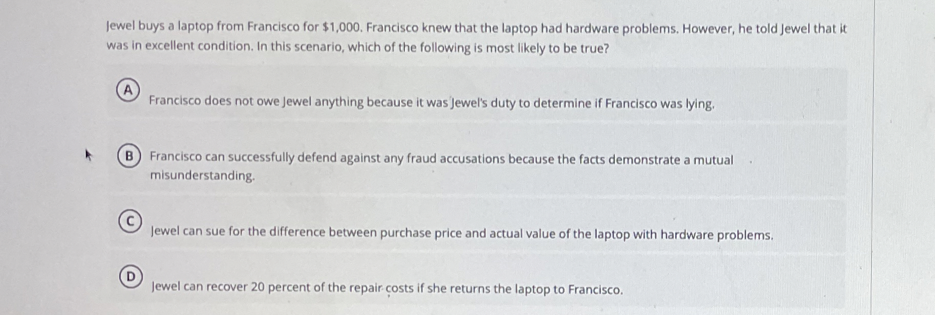 Solved Jewel buys a laptop from Francisco for 1,000.