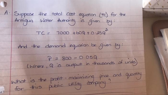 Solved A. Suppose the total cost equation (TC) for the | Chegg.com