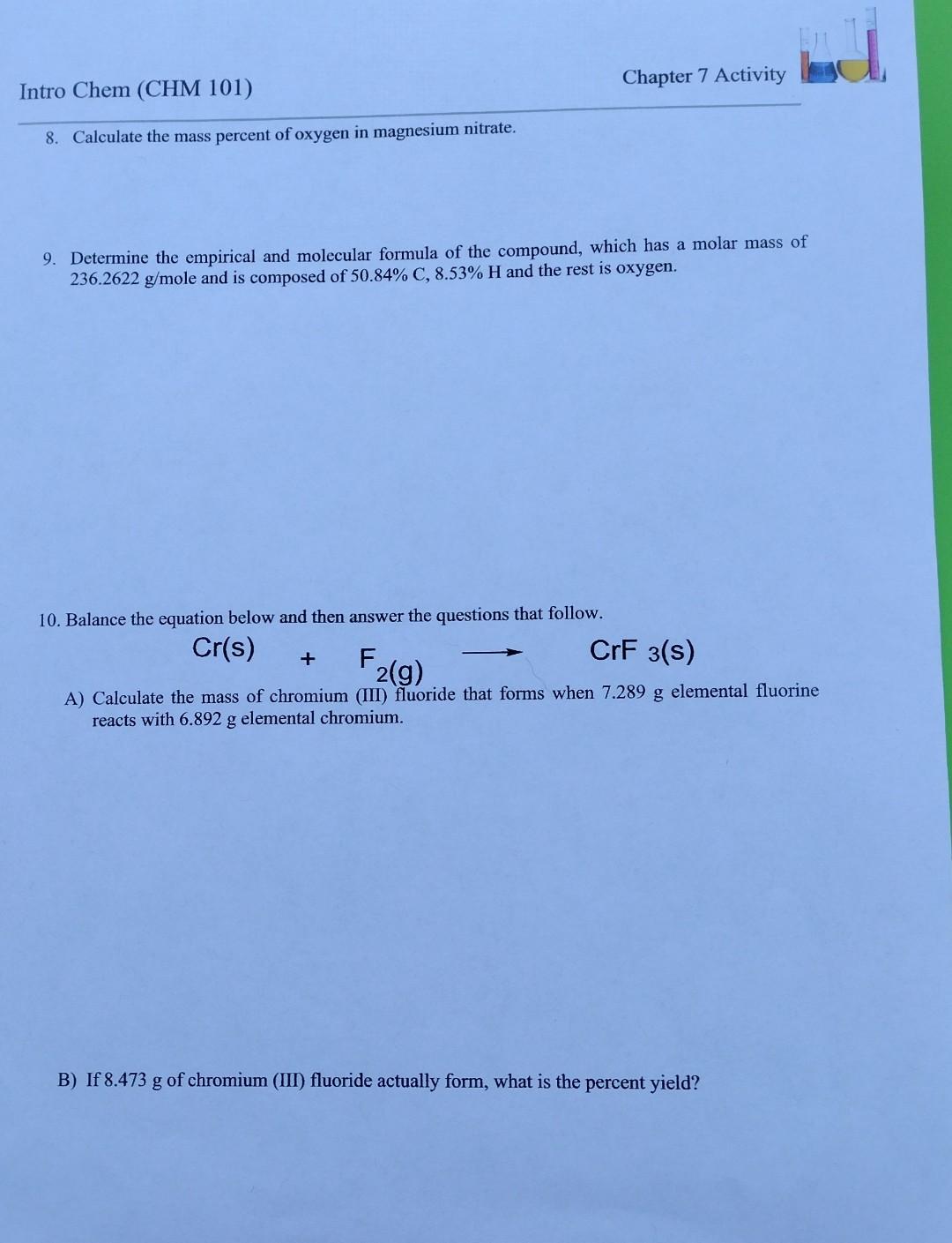 Solved Intro Chem (CHM 101) Chapter 7 Activity Chapter 7 | Chegg.com