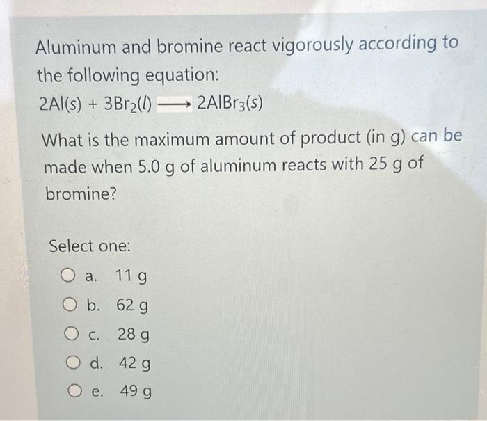 Solved Aluminum and bromine react vigorously according to