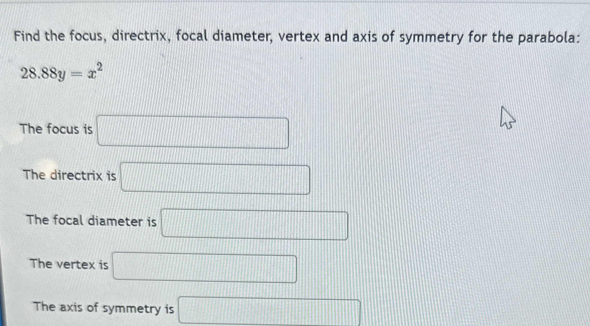 Solved Find the focus, directrix, focal diameter, vertex and | Chegg.com