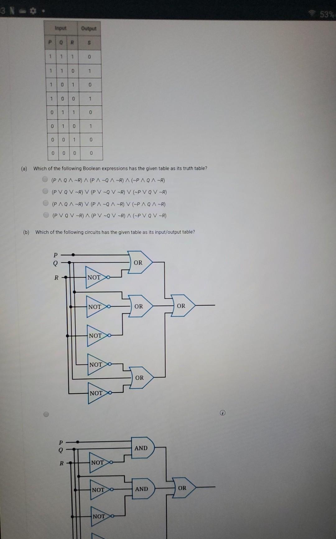 Solved 53% Input Output P Q R. S 1 1 1 0 1 1 1 0 1 0 1 0 1 0 | Chegg.com