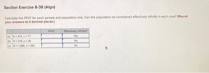 Calculate the FPCF for each sample and population size. Can the population be considered effectively infinite in each case? (