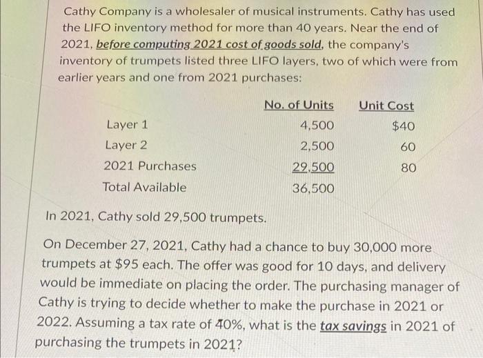 Solved Cathy Company is a wholesaler of musical instruments.