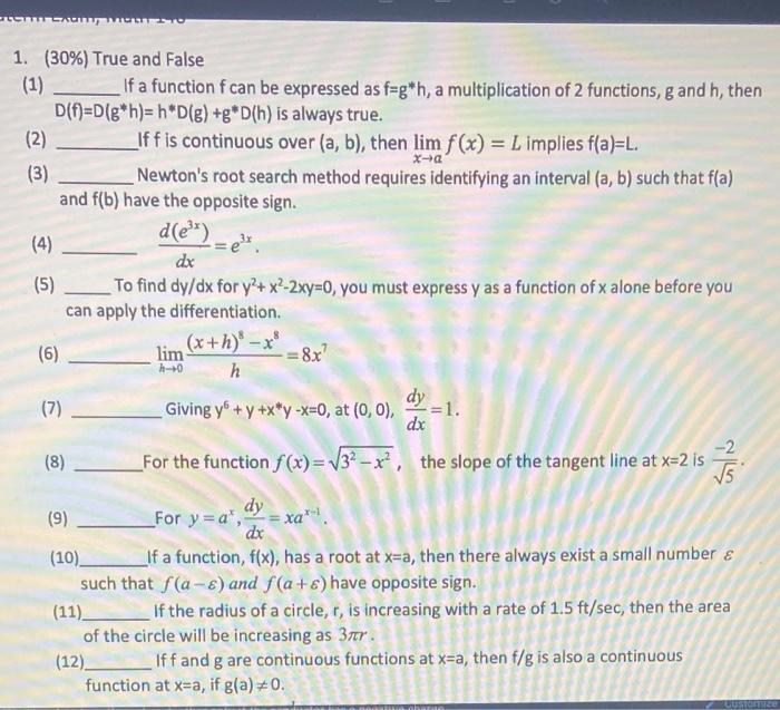 Solved 1 X A E 1 30 True And False If A Function F Can Chegg Com