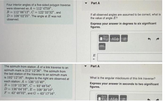 Solved Part A Four interior angles of a five-sided polygon | Chegg.com