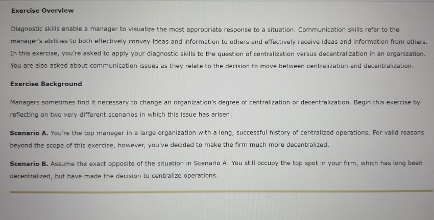 Solved Exercise Overview Diagnostic Skills Enable A Manager Chegg