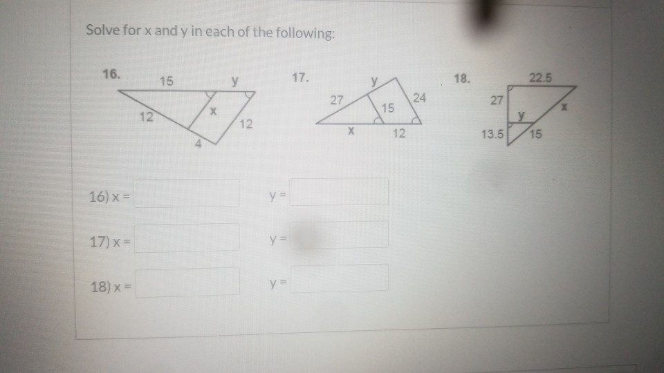 Solved Solve for x and y in each of the following: 16. 15 y | Chegg.com