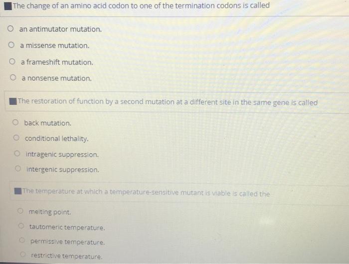 Solved The change of an amino acid codon to one of the | Chegg.com