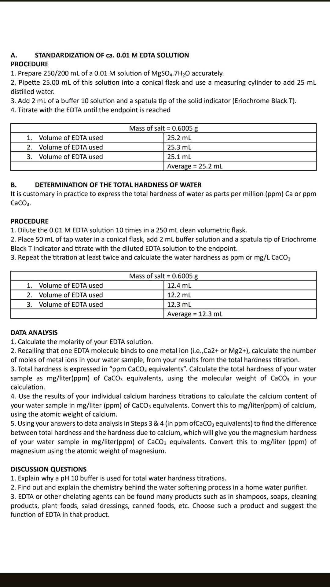 Solved A. STANDARDIZATION OF ca. 0.01M EDTA SOLUTION | Chegg.com