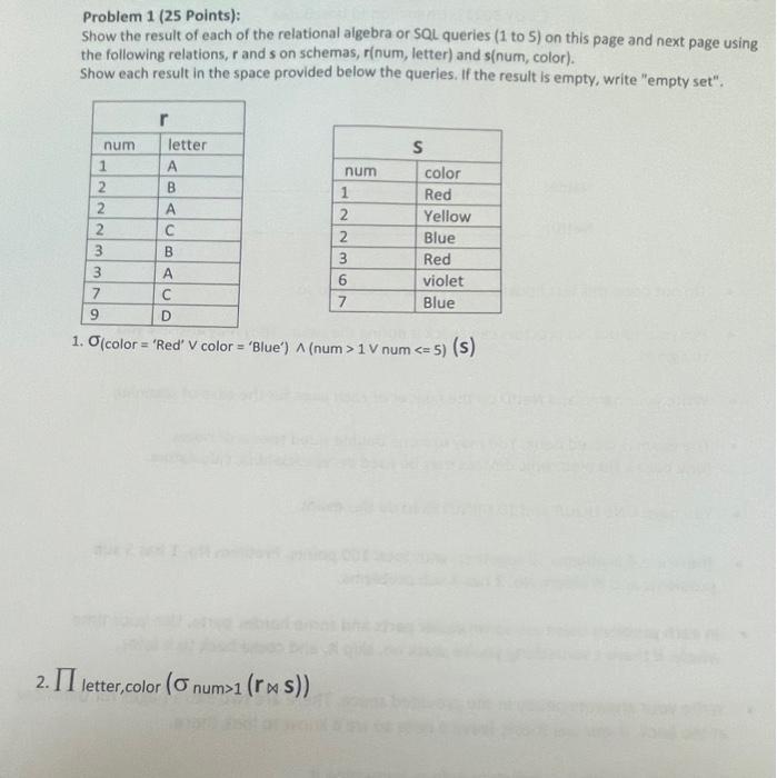 Solved Problem 1 (25 Points): Show The Result Of Each Of The | Chegg.com