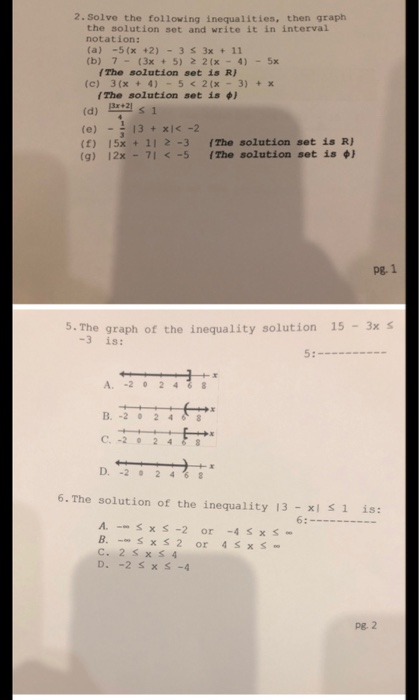 Solved 2. Solve The Following Inequalities, Then Graph The | Chegg.com