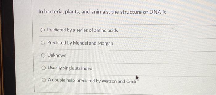 In bacteria, plants, and animals, the structure of DNA is
Predicted by a series of amino acids
Predicted by Mendel and Morgan