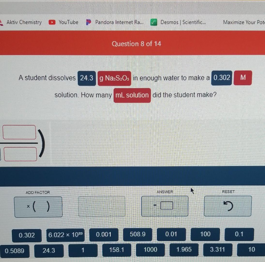 Solved A student dissolves in enough water to make a | Chegg.com