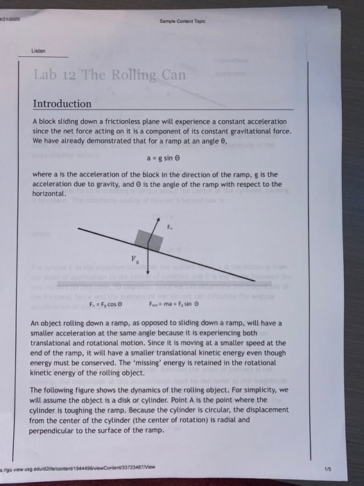 Solved Report Sheet The Rolling Can Data: Can mass 425 a Can | Chegg.com