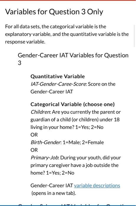 Solved bles for Question 3 Only ata sets, the categorical | Chegg.com