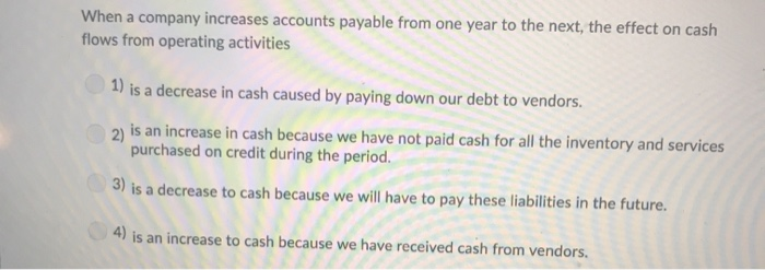 Solved When a company increases accounts payable from one | Chegg.com
