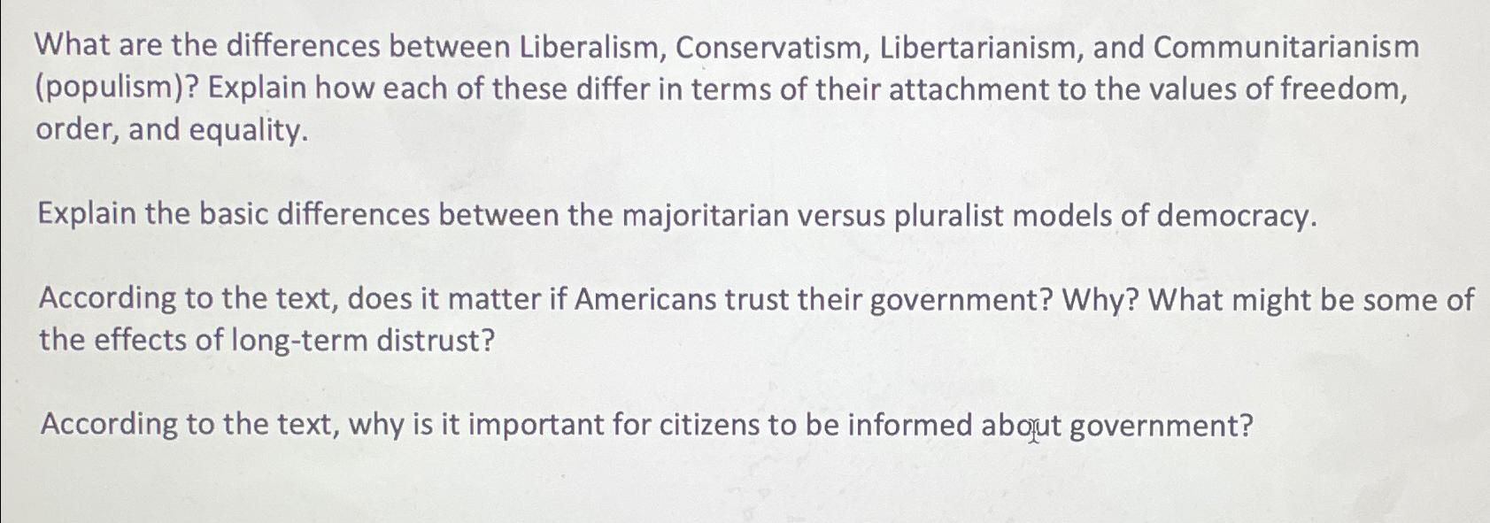 Solved What Are The Differences Between Liberalism, | Chegg.com