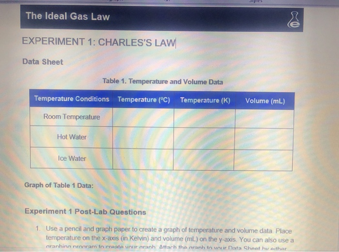 The Ideal Gas Law EXPERIMENT 1 CHARLES'S LAW Data