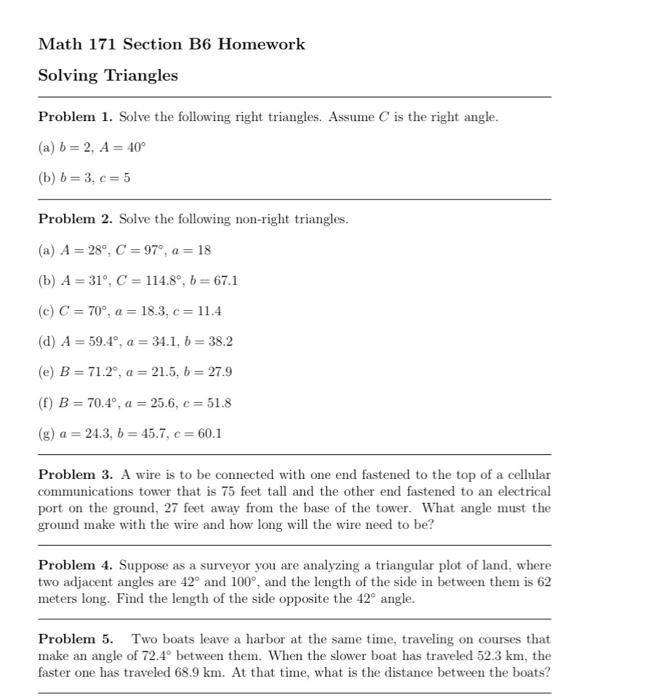 Solved Problem 1. Solve The Following Right Triangles. | Chegg.com