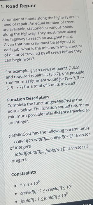 Solved Road Repair A number of points along the highway are | Chegg.com