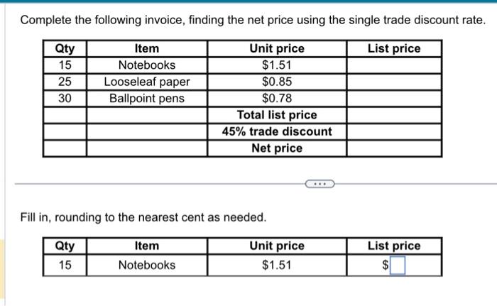 Solved Complete the following invoice, finding the net price | Chegg.com