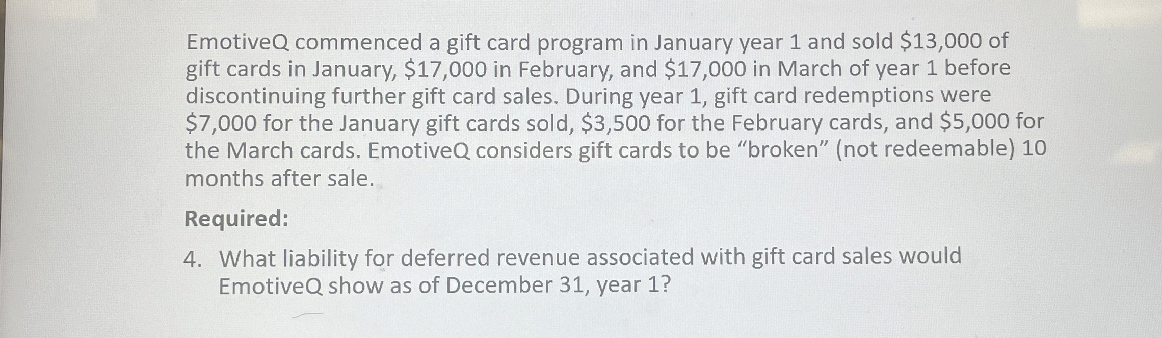 Solved EmotiveQ commenced a gift card program in January | Chegg.com