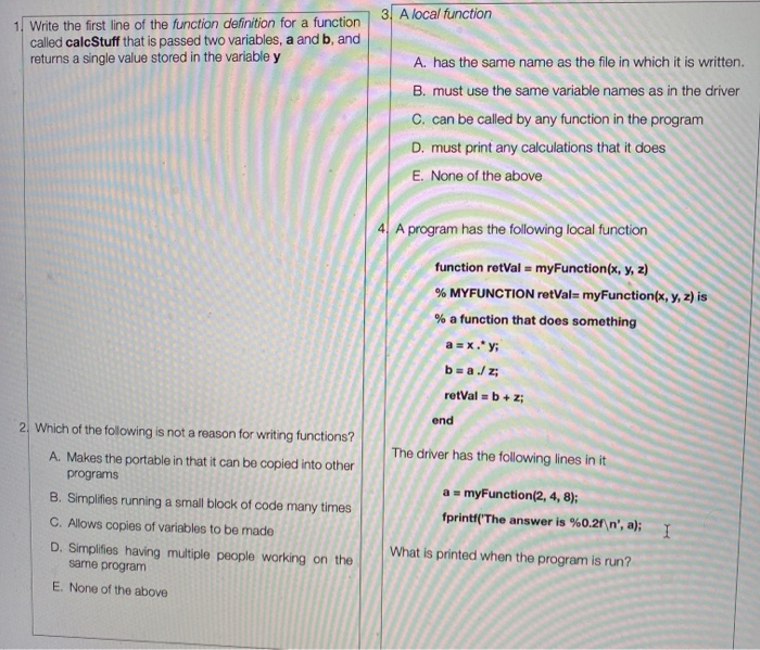 solution: fundamentals of functions in programming... Solved 3. A local function 1. Write the first line of the | Chegg.com