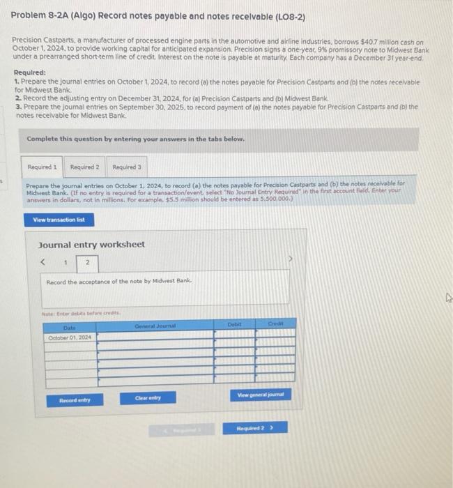 Solved Problem 8-2A (Algo) Record notes payable and notes | Chegg.com