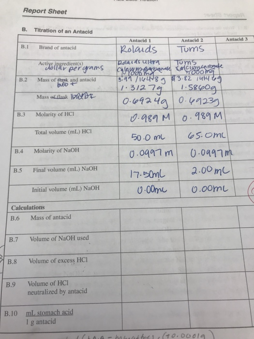 Solved Report Sheet B. Titration of an Antacid Antacid 1 BI | Chegg.com