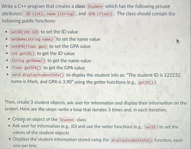Solved Write a C program that creates a class Student | Chegg.com