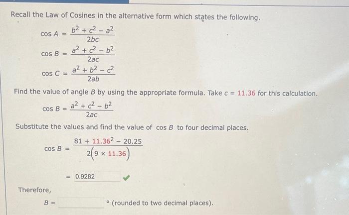 Solved Recall the Law of Cosines in the alternative form | Chegg.com