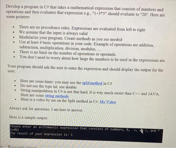 Solved Develop a program in C\# that takes a mathematical | Chegg.com