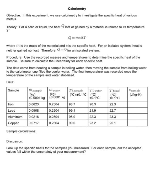 Solved Calorimetry Objective: In this experiment, we use | Chegg.com