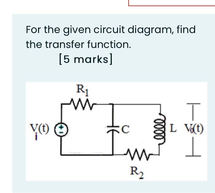 Solved For the given circuit diagram, find the transfer | Chegg.com