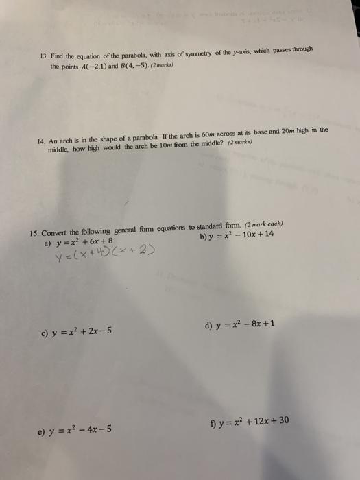 Solved Hand 9 Write The Equation For Each Parabola With The Chegg Com