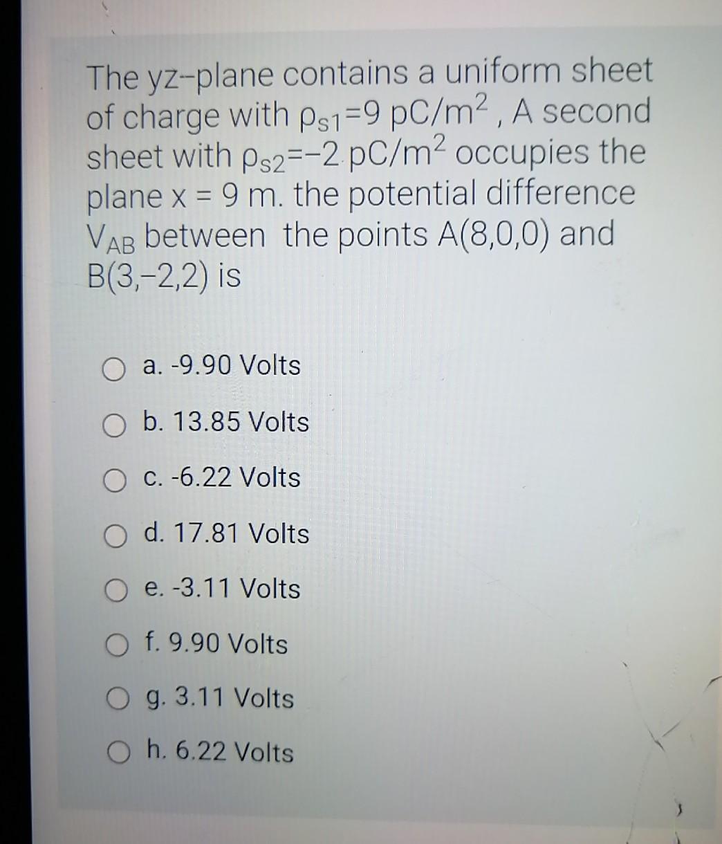 Solved The yz-plane contains a uniform sheet of charge with | Chegg.com