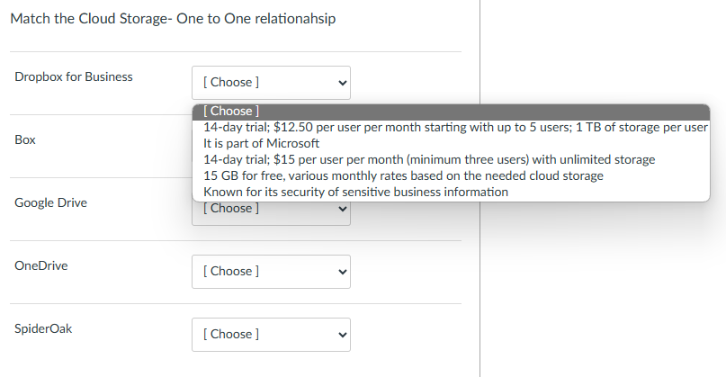 Solved Match the Cloud Storage- ﻿One to One relationahsip | Chegg.com
