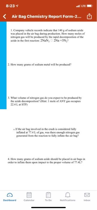 Solved 8 234 Lte Air Bag Chemistry Report Form 2 U 1 Chegg Com