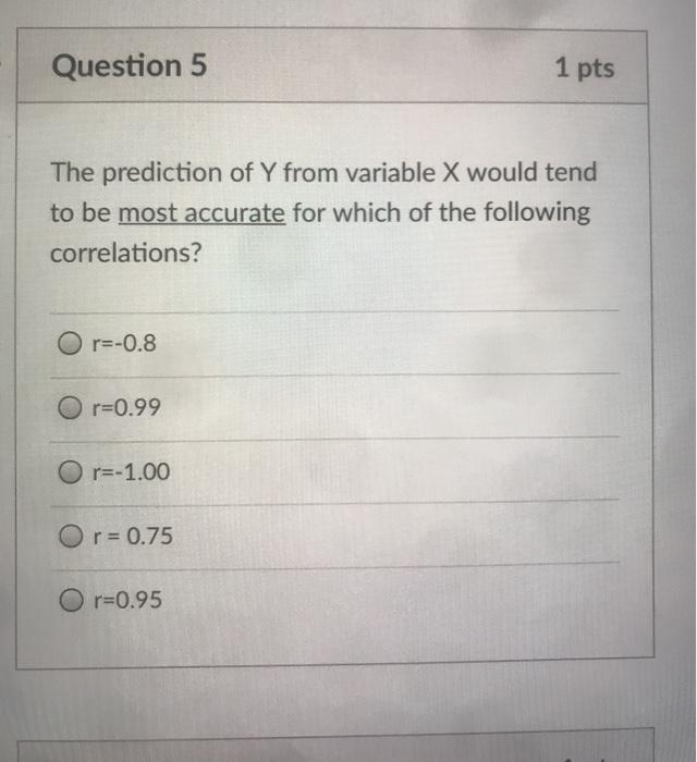 Solved Question 5 1 pts The prediction of Y from variable X | Chegg.com