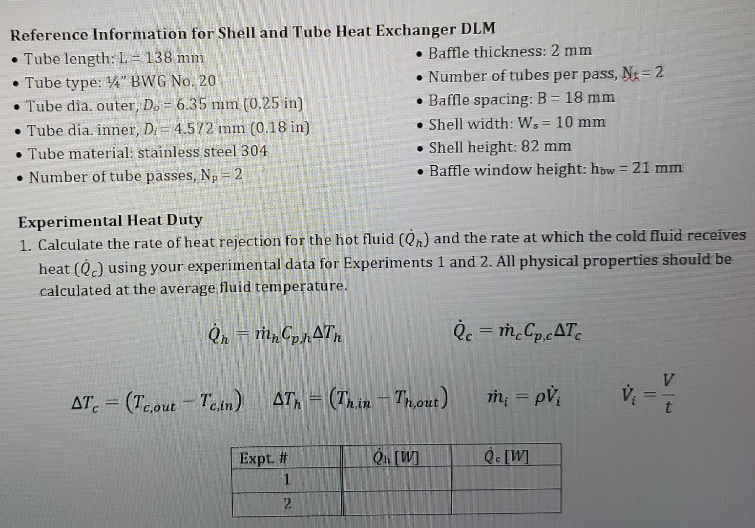 Solved Table 1. Experimental data. Tube Side (Hot) Shell | Chegg.com