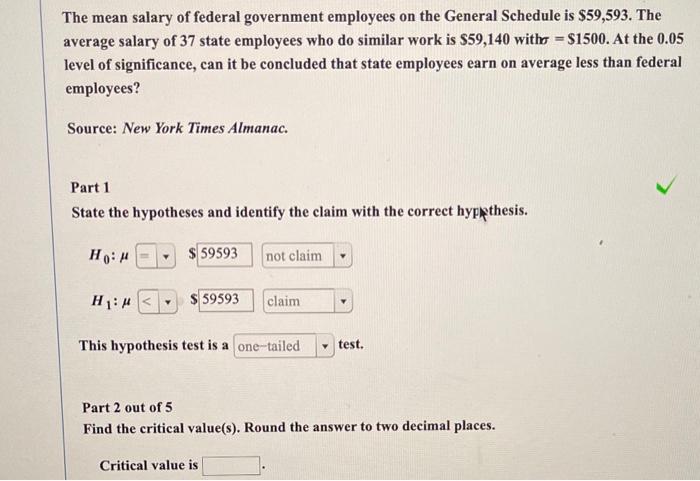 Solved The mean salary of federal government employees on | Chegg.com