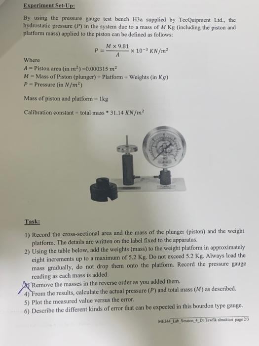 Solved Lab Session 4 Calibration of Bourdon Pressure Gauge