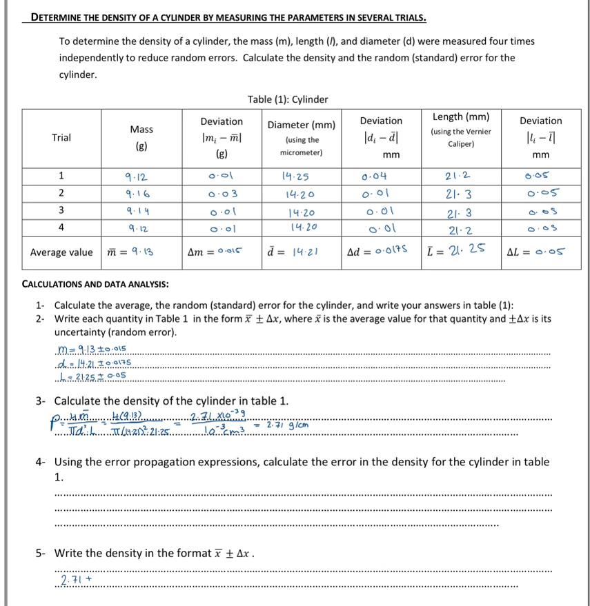 Solved Determine The Density Of A Cylinder By Measuring The 