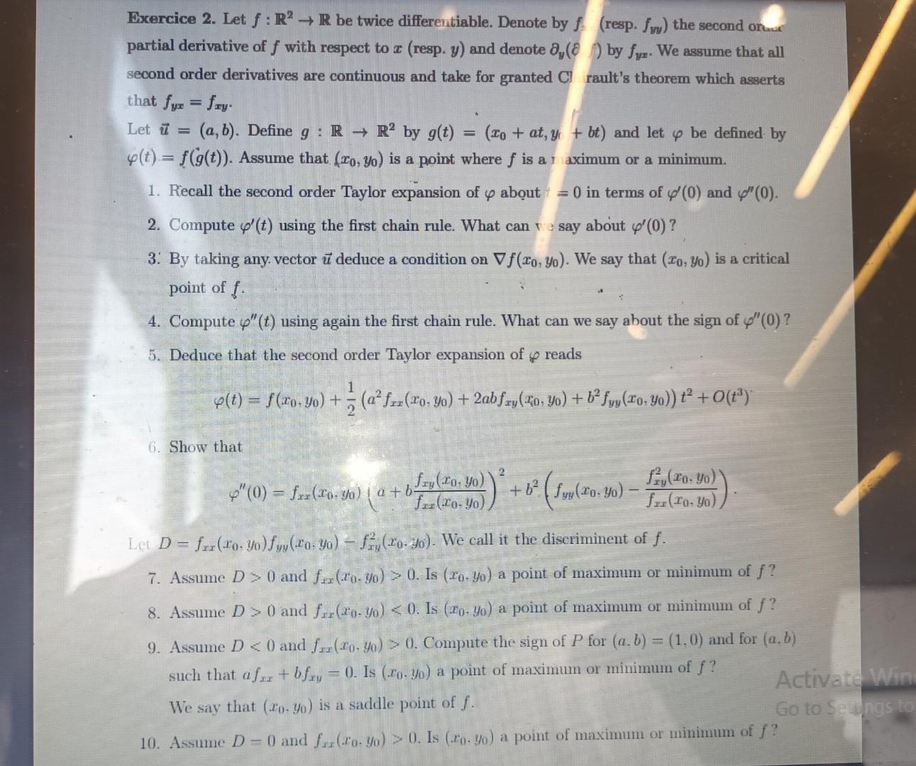 Solved Berercice 2 Let F R2→r Be Twice Differentiable