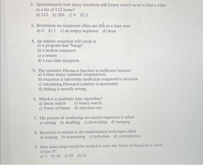 Solved 2. Approximately how many iterations will binary | Chegg.com