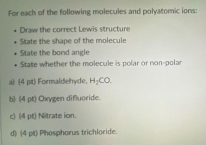 Solved For Each Of The Following Molecules And Polyatomic | Chegg.com